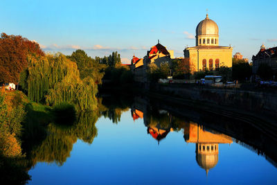 Neolog synagogue zion by lake against blue sky