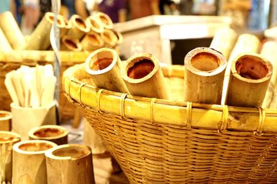 Close-up of bread in basket for sale