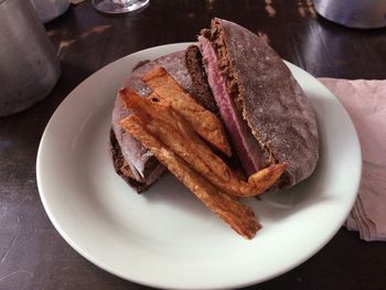High angle view of breakfast in plate on table