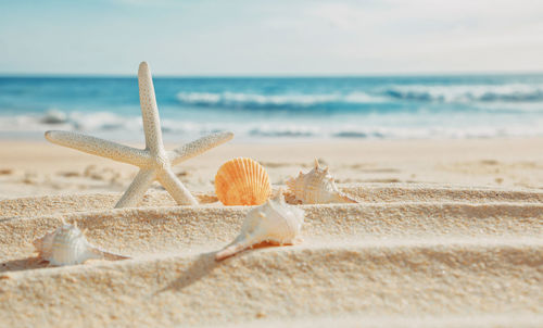 Close-up of sand on beach against sky