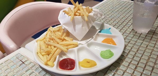 High angle view of breakfast served on table