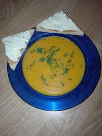 High angle view of soup in bowl on table