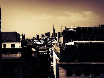 High angle view of buildings against sky