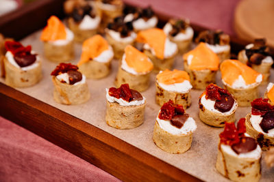 High angle view of dessert on table