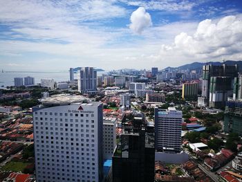 High angle view of buildings against sky