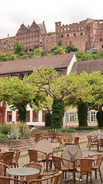 Chairs and tables in a cafe, with the heidelberg castle in the background