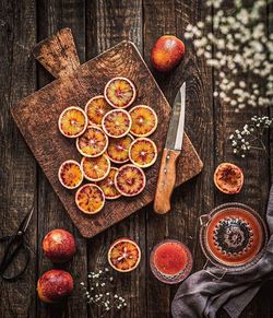 High angle view of various fruits on table