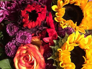 High angle view of multi colored rose bouquet