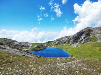 Panoramic view of lake against blue sky