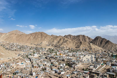 Landscape of leh-ladakh city with blue sky, northern india. it is located in the indian himalayas