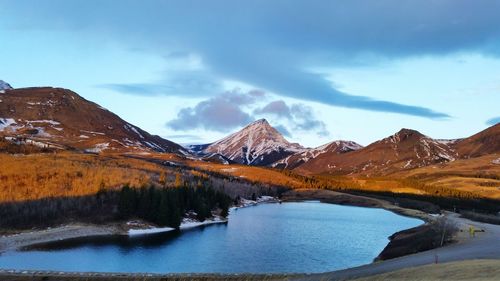 Scenic view of lake against cloudy sky