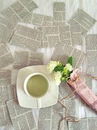 High angle view of tea cup on table