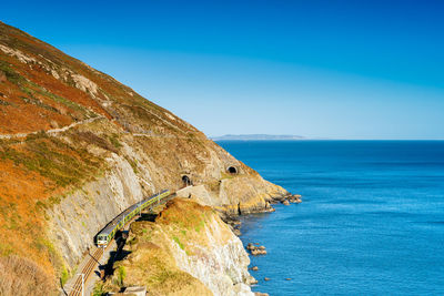 Scenic view of sea and rocks against blue sky