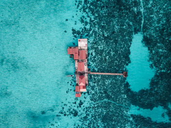 Aerial view of water chalet resort in bum bum island in semporna, sabah, malaysia.