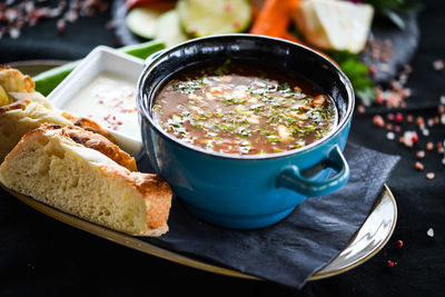 Close-up of food served on table