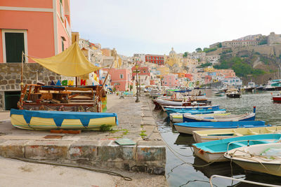 Beautiful colorful harbor of procida island, naples, italy.