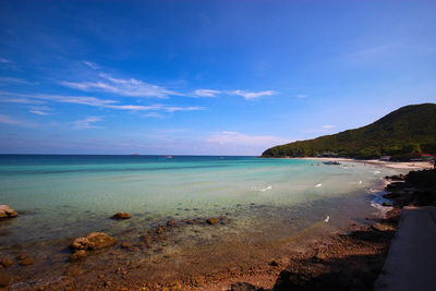 Scenic view of sea against blue sky