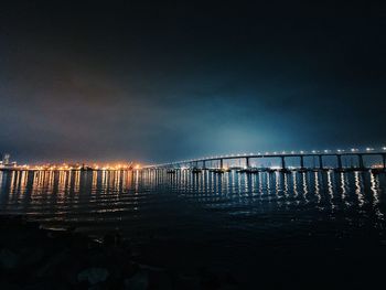 Bridge over sea against sky at night