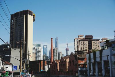 Buildings in city against clear sky