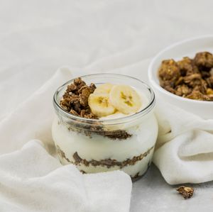 Close-up of dessert in glass on table