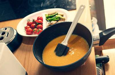 High angle view of soup in bowl on table