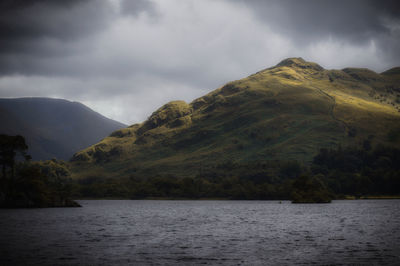 Scenic view of lake and mountains against sky