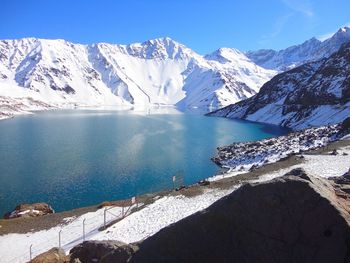 Scenic view of snowcapped mountains against blue sky