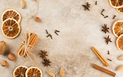 Autumn background with spicy spices. the concept of baking with apples, autumn drinks. copy space.