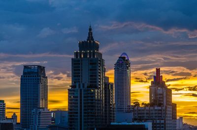 Buildings in city against cloudy sky during sunset