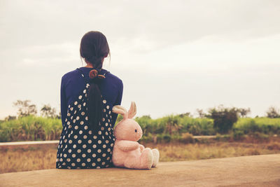 Rear view of boy sitting at toy against sky