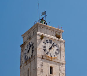 Castle tower clock with roman numerals in komiza, island vis, croatia.
