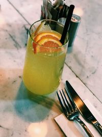 High angle view of drink on table