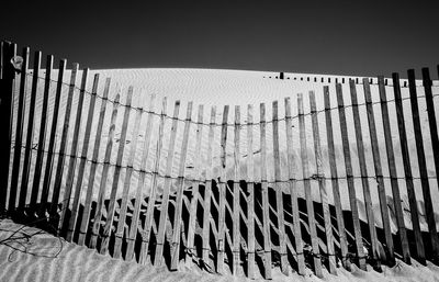 Metal fence against clear sky