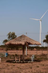 Traditional windmill on field against clear sky