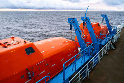 High angle view of ship in sea against sky