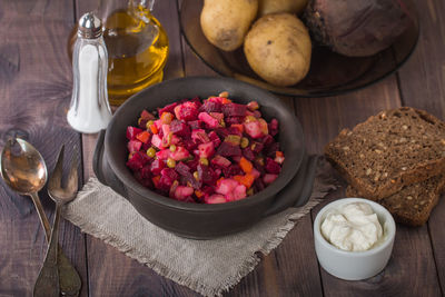 High angle view of fruits in bowl on table