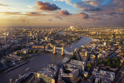 High angle view of illuminated cityscape against sky during sunset