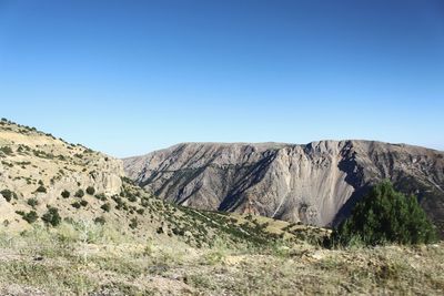 Scenic view of rocky mountains against clear blue sky