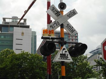 Low angle view of road sign against sky