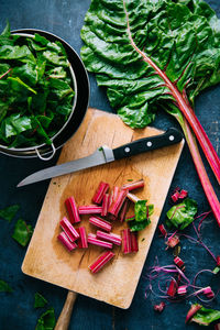 High angle view of chopped vegetables on cutting board