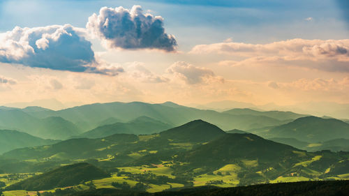 Scenic view of mountains against sky during sunset