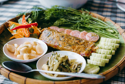 High angle view of food on table