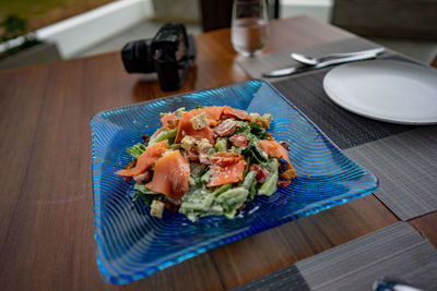 High angle view of meat in plate on table