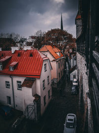 High angle view of street amidst buildings in city