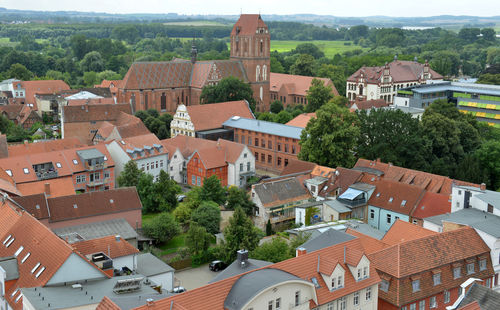 High angle view of buildings in town