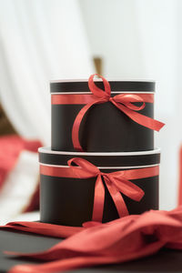 Close-up of red box on table