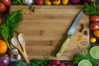 High angle view of chopped vegetables on cutting board