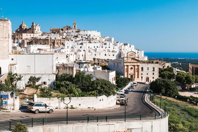 High angle view of buildings against clear sky