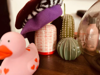 Close-up of christmas decorations on table