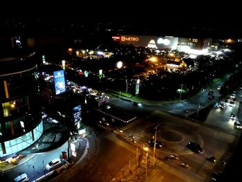 High angle view of city street at night